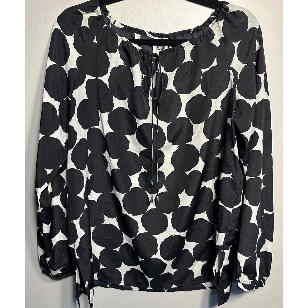 Anne Klein Black Tan Long Sleeve Artsy Business Top Womens Medium Shirt Blouse